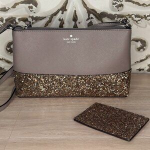 Kate Spade Taupe Saffiano Leather Glitter Crossbody Bag + Card Holder Set